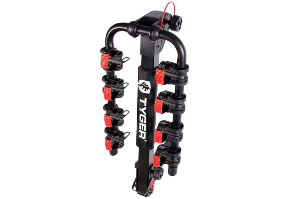 Tyger Auto TG RK4B102B Rack de transporte de luxo para 4 bicicletas compativel com receptor de engate de 38 cm e 58 cm com trava de pino de engate e trava de cabo Protetor de almofada macia