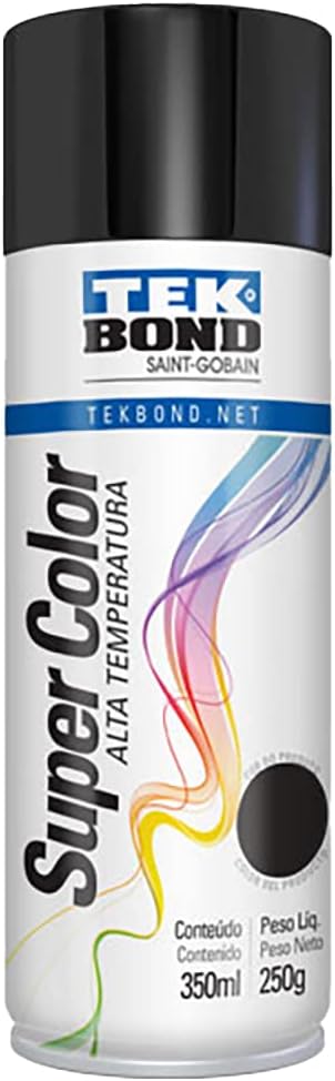 Tinta aerossol Super Color Tekbond preto brilhante alta temperatura 350ml